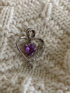 925 Silver and Amethyst Heart Pendant with White Stone Accents